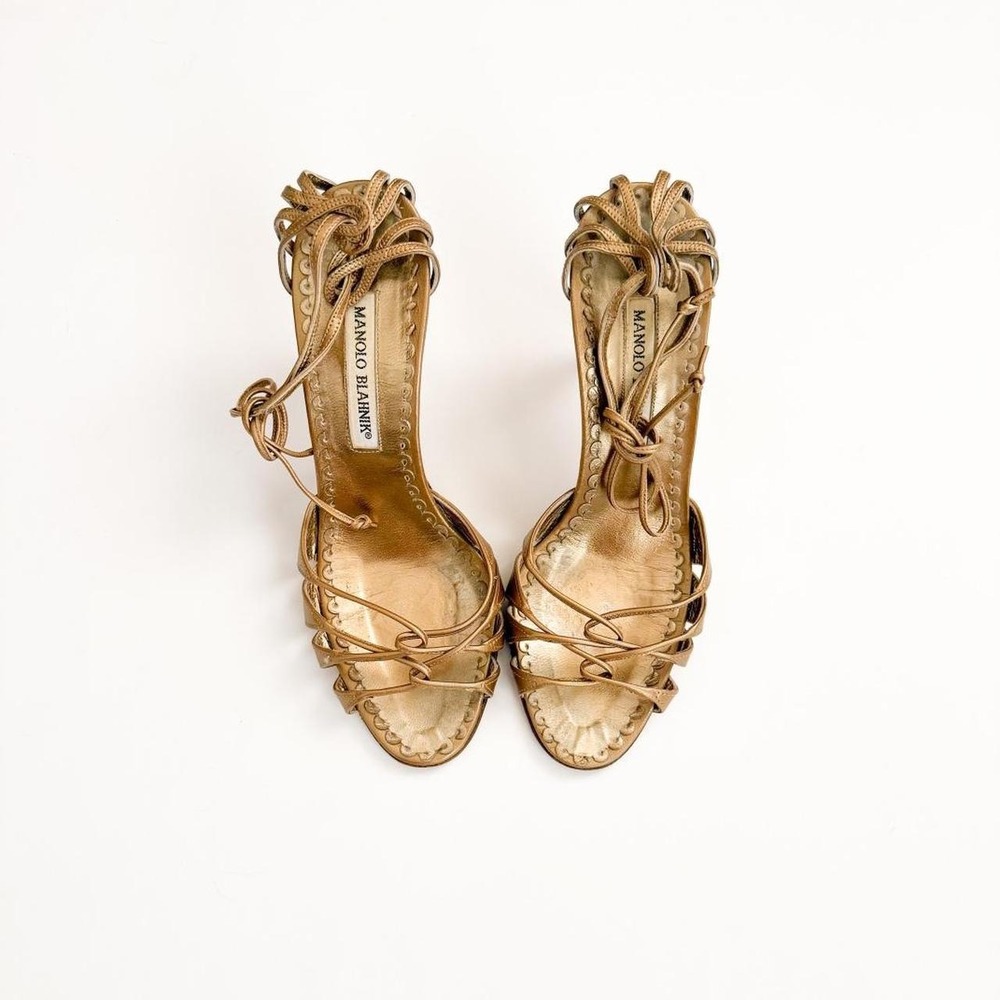Manolo Blahnik gold metallic strappy lace up heels sandals vintage designer US 8